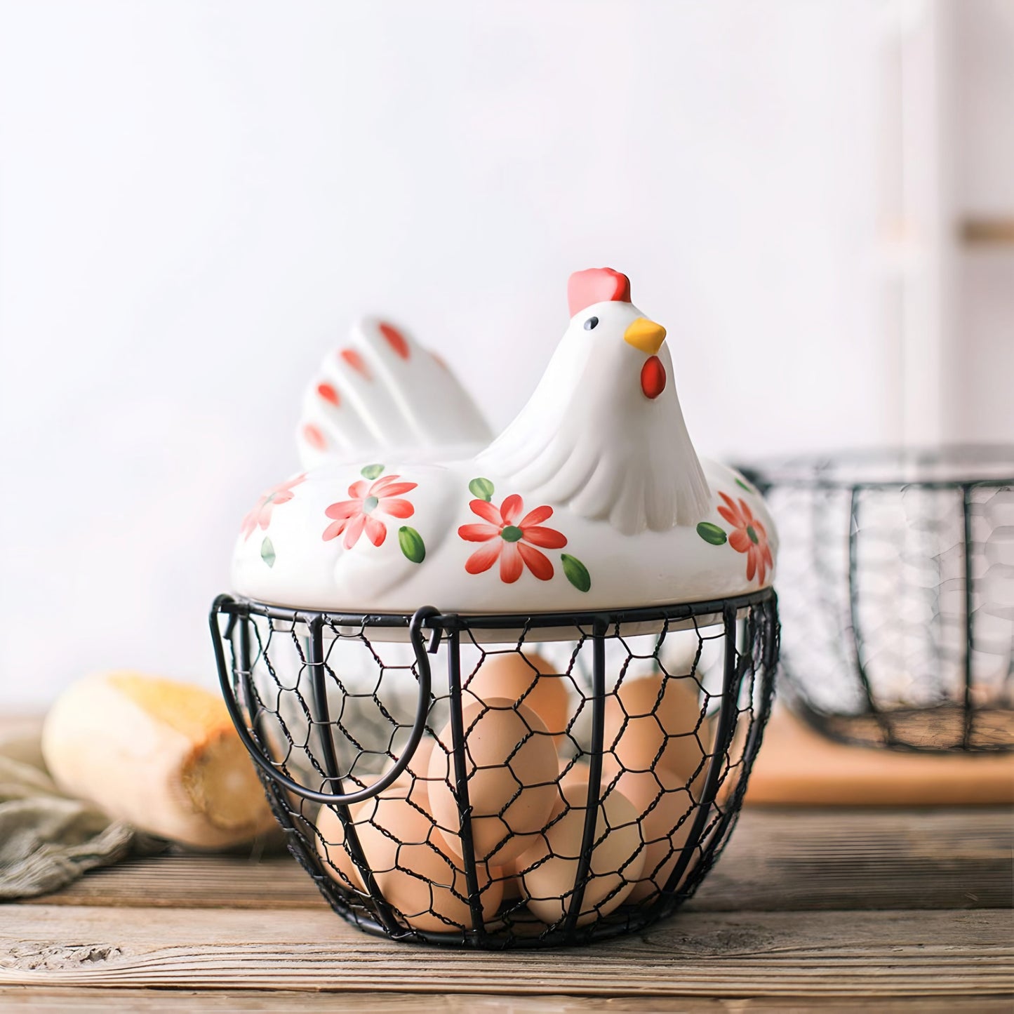 Ceramic Chicken Egg Storage Basket with Metal Mesh