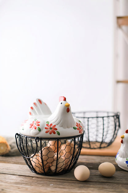 Ceramic Chicken Egg Storage Basket with Metal Mesh