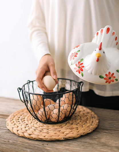 Ceramic Chicken Egg Storage Basket with Metal Mesh