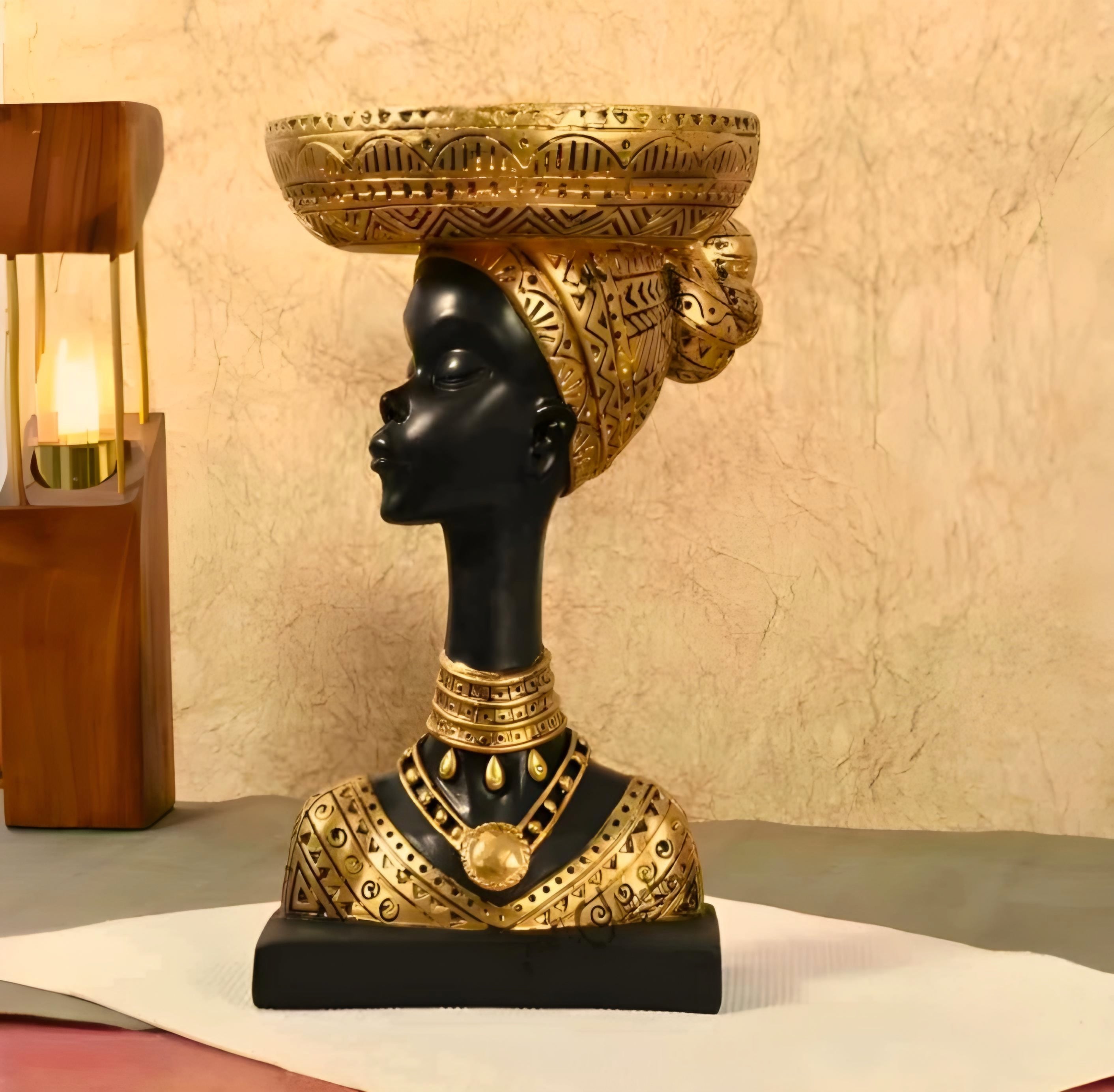 African Heritage Inspired Decorative Lady Sculpture with Golden Accent