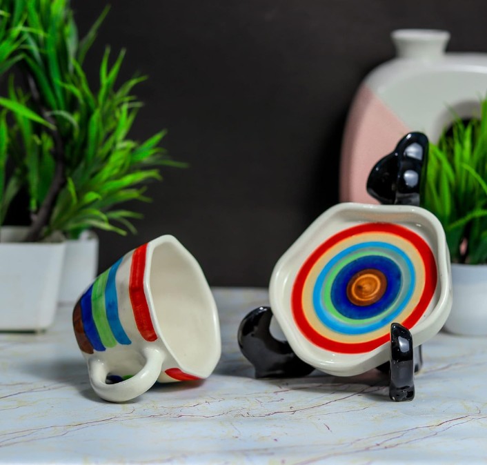 Ceramic Cup Plate Set Rainbow Design