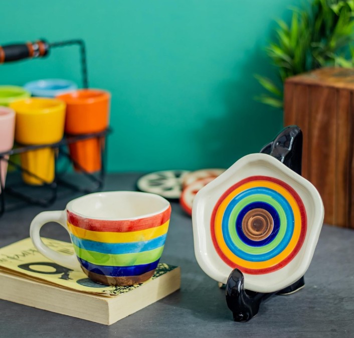 Ceramic Cup Plate Set Rainbow Design